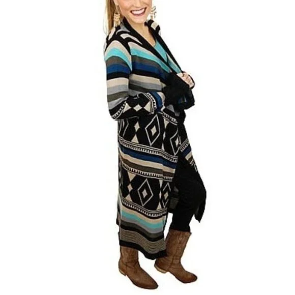 Love Stitch Long Geometric Striped Open Front Waterfall Cardigan Duster - Picture 6 of 16